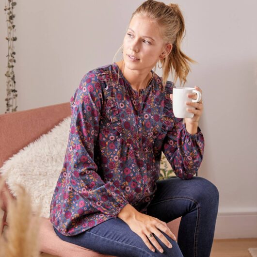 Printed Blouse with Buttons, Maternity & Nursing Special blue dark solid