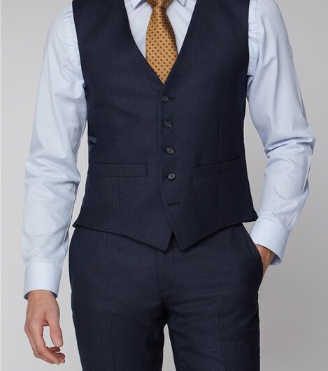 Racing Green Tailored Fit Single Breasted Navy Blue Texture Waistcoat