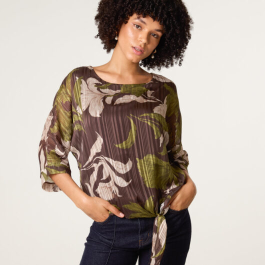 Tie Knit Metallic Chiffon Top - S/M / CHOCOLATE