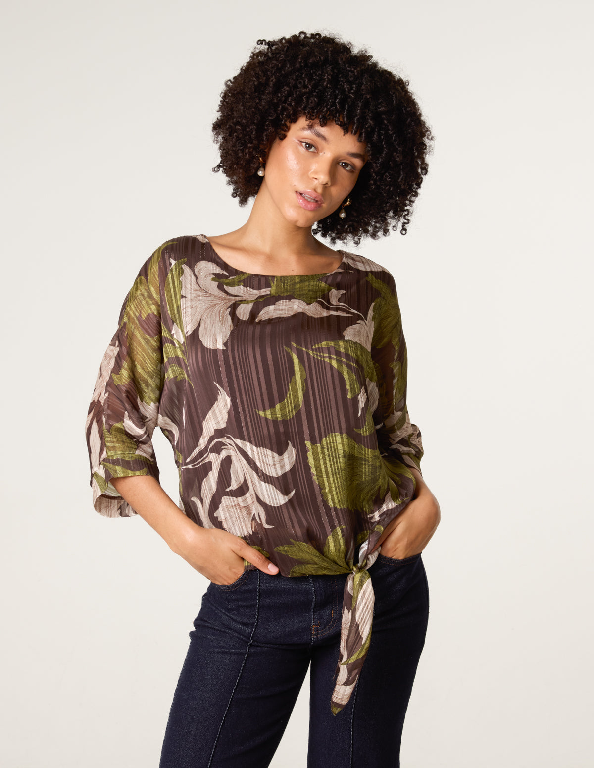 Tie Knit Metallic Chiffon Top - S/M / CHOCOLATE